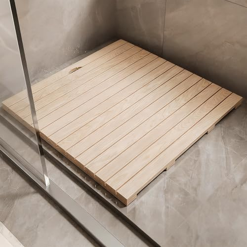 Tappetino da doccia in legno di teak, antiscivolo, quadrato, con foro di scarico, design rialzato, per camper, interni/esterni, docce e spa, 60 x 100 cm