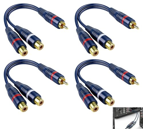 4 Pcs RCA Y Splitter, 1 Male to 2 Female Y Adapter Extension Cables, 20cm Stereo Extension Lead Gold Plated Splitter for Subwoofer Amplifier Speaker Turntable Receiver Home Theatre AV System Blue