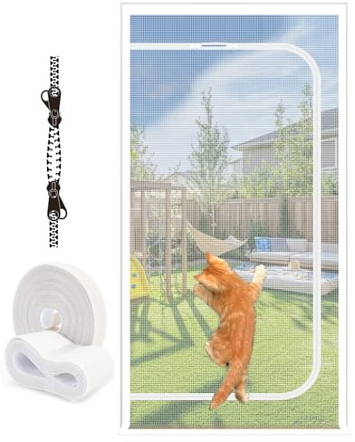 MAGICDOOR Zanzariera Porta Finestra per Gatti con Cerniera 90x240cm, Bianco | Rete Tenda Rinforzato Anti Graffio Gatto, Antizanzare per Balcone Soggiorno, Reversibile, 4cm Nastro Adesivo Superiore