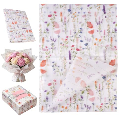 100 Blatt Wildblumen Geschenk Seidenpapier, Retro Seidenpapiers mit Blumen | 50 x 35 cm Vintage Blumen Seidenpapier Verpackungsmaterial, Lavendelmuster, für Verpacken Von Büchern, Geschenken, Blumens