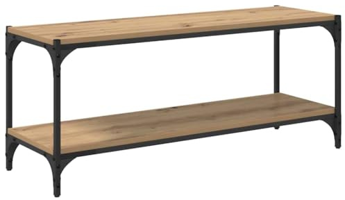 Mhdvray Meuble TV Chêne Artisanal 100x33x41 cm, Buffet Bas Bois et Fer avec 2 Étagères, Console de Rangement Rustique Industrielle pour Salon et Bureau, Support Télévision Stable et Durable