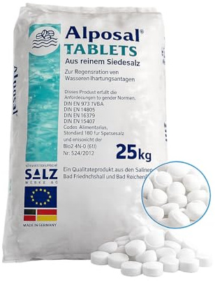 ALPOSAL Tabletten Regeneriersalz 25 kg – Hochreines Siedesalz für Wasserenthärtungsanlagen – Salztabletten für Ionenaustauscher & Salzelektrolyseanlagen – DIN EN 973 Typ A