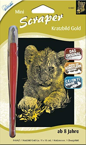 MAMMUT 131007 - Kratzbild, Motiv Löwenbaby, gold, glänzend, mini, Komplettset mit Kratzmesser und Übungsblatt, Scraper, Scratch, Kritzel, Kratzset für Kinder ab 8 Jahre