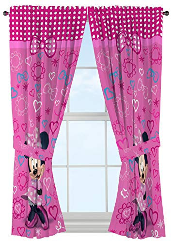 Disney Minnie Vorhänge und Raffhalter aus Mikrofaser, Fuchsia, Herzen, 4-teiliges Set, Stoff, rosa Schleife, 51 x 76 cm
