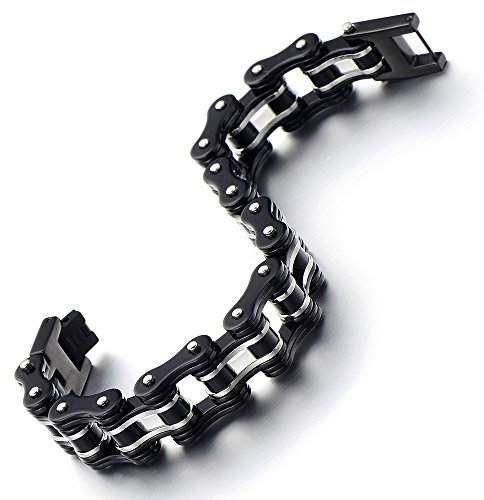 COOLSTEELANDBEYOND Top-Qualität Herren-Armband Fahrradkette Motorradkette aus Edelstahl Silber Schwarz Zwei Töne Hochglanz Poliert