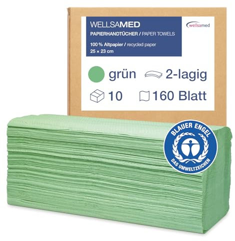Wellsamed Papierhandtücher 1600 Stück, 25 x 23 cm Grün 2-lagig, ZZ-Falz umweltfreundliche Falthandtücher, Handtuchpapier, Papiertücher