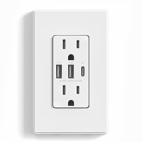 ELEGRP 30W 3-Port Type C USB Wall Outlet, Smart Chip High Speed Charging for iPhone, iPad, Samsung, Google, LG, HTC, Android Devices, Tablets and More, UL Listed, Wall Plate(1 Pack, Matte White)