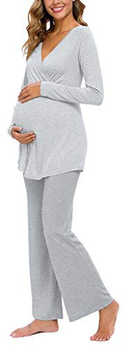 SUNNSEAN Pyjama Femme Enceinte et Allaitement en Coton Deux Pièces Vêtements De Nuit Manche Longue Col Rond pour Grossesse et Tout Les Saisons