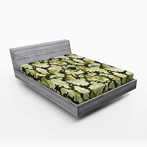 ABAKUHAUS Grün Spannbetttuch, Jungle Camouflage-Design, Soft Dekorativer Stoff Bettwäsche Rund-um Elastischer Gummizug, 160 x 200 cm, Hellgrün Dunkelgrün
