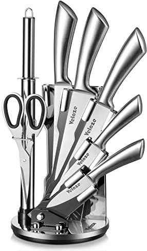 Velaze Couteaux de Cuisine, Support Couteaux Bloc de 8 Pièces INOX, Couteaux de Chef Professionel en Acier Inoxydable, avec Aguiseur, Cisseau et Support Inclut