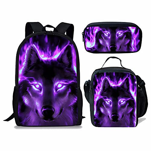NETILGEN Schulranzen Set 3pcs Lila Neon Wolf Student Bookbag Und Lunch Bag Für Kinder Mädchen Jungen Rucksack Mit Federmäppchen Reisen Wandern Outdoor Picknick