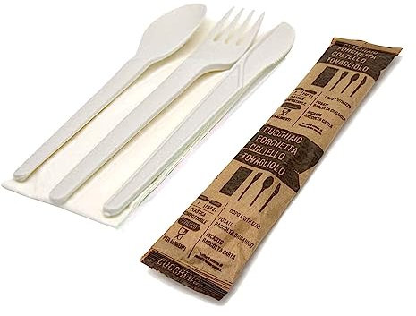 MAQA Set posate biodegradabili e compostabili, Forchetta cucchiaio e coltello imbustato singolarmente con tovagliolo, tris posate 250