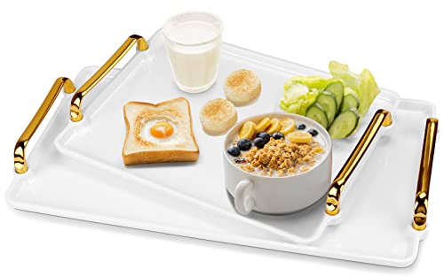 Serviertablett mit Griffen, 2 Stück (40,6 cm und 30,5 cm), weiße Kunststoff-Serviertabletts für Frühstück, dekorative Tabletts mit goldenen Griffen für Couchtisch und Wohnzimmer