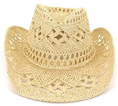 TOSSPER Femme Paille De Paille Chapeau Creux De Plage Fedora Cowboy Chapeau De Cowboy Occidental Paille De Cowgirl UV Protection Chapeau D'été pour Femmes Hommes, Beige, M