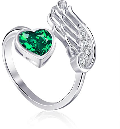 Qings Smaragd Mai Geburtsstein Ringe Sterling Silber Damen Verstellbarer Birthstone Flügel Feder Smaragd Grün Herz Zirkonia Verlobungsring Eheringe Geburtsstein Schmuck für Frau Freundin