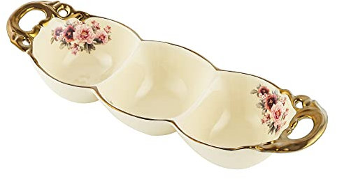 fanquare Cuenco de Porcelana Floral con Mango Dorado, 3 Compartimentos, Bandejas de Servicio para Aperitivos, Salsa