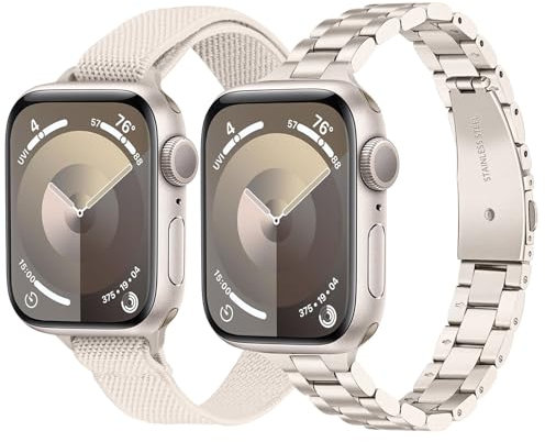 TRUMiRR Correa Reemplazo para Apple Watch Series 7 41mm luz de las estrellas, Pulsera fina de acero inoxidable y correa de nailon elástica para iWatch SE Series 7 6 5 4 3 2 1 41mm 40mm 38mm