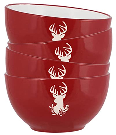 Dibor Dessert Bowl Set of 4 - Red & White 400ml Reindeer Print Bowls | Dishwasher Safe, Microwave Safe, Dinnerware Set, Hand Painted, Stoneware, Crockery
