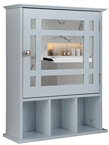 Multigot Bathroom Mirror Cabinet, Wall Mounted Storage Cupboard with Adjustable Shelf and 3 Open Compartments, Wooden Single Door Display Organizer for Bedroom Living Room Kitchen (Grey)