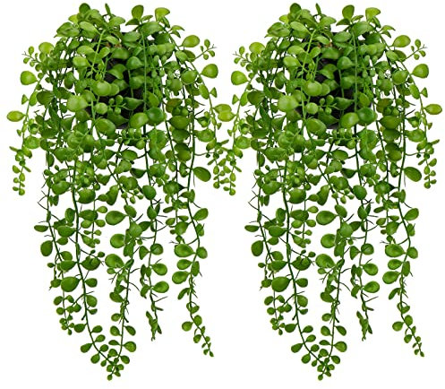 Hollyone 2 pequeñas plantas artificiales colgantes decorativas en maceta, césped sintético para interiores y exteriores, para el hogar, jardín, sala de estar, dormitorio, estante, decoración de pared