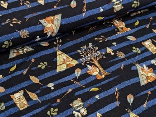 Baumwolljersey Fuchs im Zelt auf Streifen Blau Soff Meterware Kleiderstoff Kinderstoff