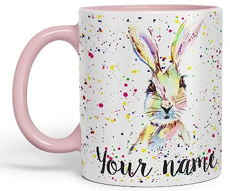 Vixar Personalised with Your Text Hare Bunny Rabbit Watercolour Art Coloured Ceramic Mug Cup Gift 330ml 11oz Custom Work Office Tea Coffee (Pink)