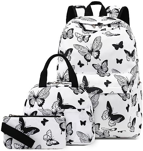 LEDAOU Schulrucksack Mädchen Kinderrucksack Schultasche Teenager Schul Rucksack für Kinder Schultaschen-Sets mit Lunchpaket und Federmäppchen(Schwarzer Schmetterling)