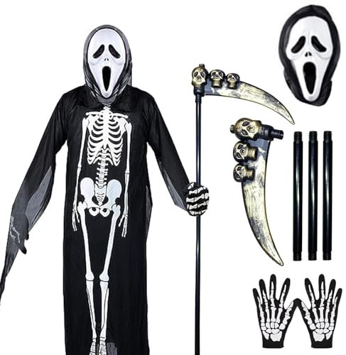 LETTERASHQP Sensenmann Kostüm,Halloween Kostüm Kinder Sensenmann Kette,Sensenmann Mantel Geeignet Halloween Party Maskerade mit Schädelmaske Handschuhen Sense, 120gujia, Schwarz