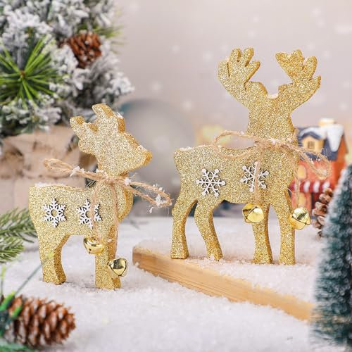 2 Stück Rentier Weihnachtsdekor Weihnachten Hirsch Schreibtisch Dekor Indoor Rustikale Rentier Stehende Tischdekoration Holz Hirsch Tischdekoration für Zuhause Rasen Garten Dekor (Goldglocke)