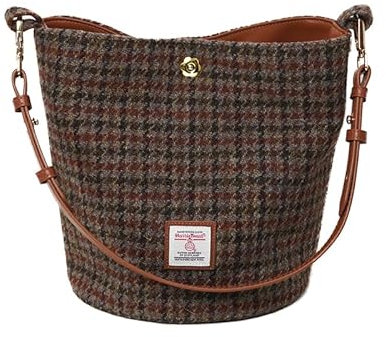 Damen-Umhängetasche/Handtasche aus Harris Tweed, Beuteltasche mit zwei Leder-Trägern