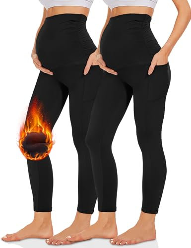 Missluck Umstandsleggings Blickdicht Damen Schwangerschaft Leggings Lang Mammy mit Taschen für Yoga(Schwarz*2-Thermo,L)