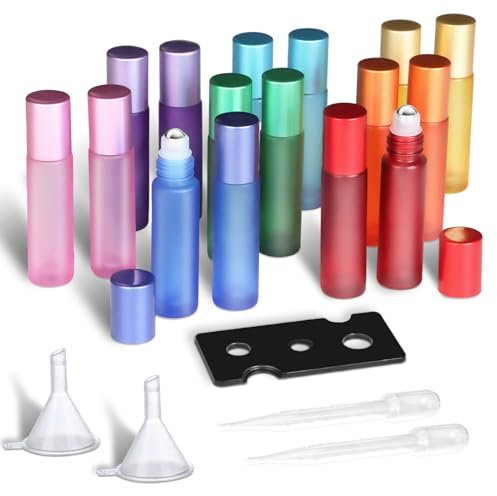 POFIBO 16 Stück 10ml Roll on Glasflaschen für ätherisches öl, Bunt Roll on Flasche Leer mit Edelstahl-roller Ball Kleine Glasroller Set für ätherische Öle, Parfüms, Aromatherap Gemische, Massage