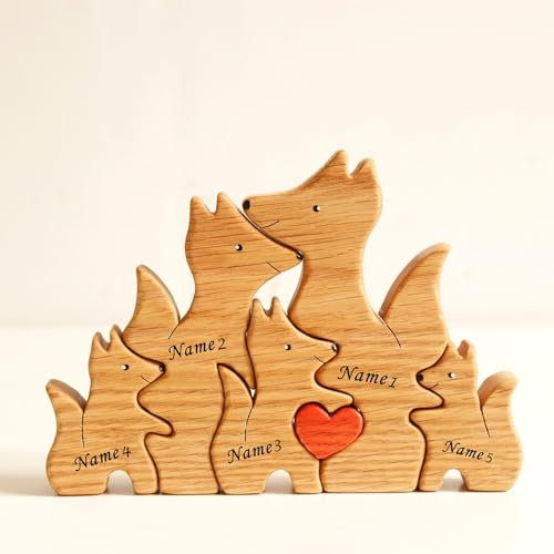 Personalisiertes Holz Kunst Puzzle der Fuchsfamilie, Benutzerdefinierte Holzfuchs Schnitzereien Familie Puzzle Geschenk, Desktop Ornament Home Tischdekoration für Familie Andenken Geschenke