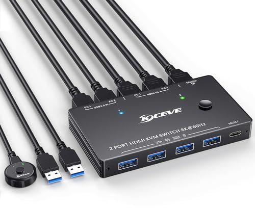 AOOCOO KVM Switch HDMI 2 puertos 8K@60Hz/4K@120Hz, KVM Switch para 2 ordenadores comparten 1 monitor y 3 concentradores USB 3.0, controlador de escritorio y cable USB incluido