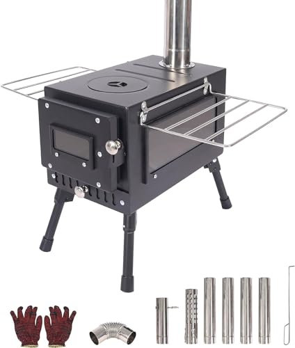REDCAMP Réchaud à bois pliable pour tente de camping, poêle à bois portable avec cheminée coupe-vent pour camping en plein air, cuisine noire