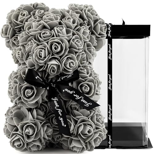 TJC Rose Teddy Bear Flower Bear with Gift Box Birthday Romantic Valentines Gifts for her Girlfriend Love Friends Wife Fiancée PE Material with Bow Tie Everlasting Forever Grey