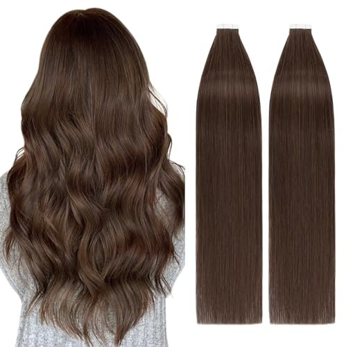 TESS Tape Extensions Echthaar 100g Mittelbraun 40 pcs Remy Human Hair Echthaar Extensions Tape 45 cm Tape-Haarverlängerungen Glattes (45 cm-#4 Mittelbraun)