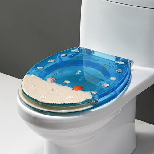 Robuste, komfortable, ovale, längliche Toilettensitze mit Seepferdchen und Muscheln, mit Bezug aus Kunstharz, WC-Sitze mit langsam schließendem Badezimmer-Toilettendeckel, Beige
