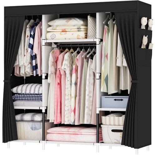 OPPAIYA Canvas Wardrobe, Zippered Foldable Closets, Pop up wardrobe With 3 Hanging Rails, 3 Compartments and 8 Side Pocket Fabric Wardrobes, 175 x 150 x 45 cm, Portable Wardrobe for Bedroom