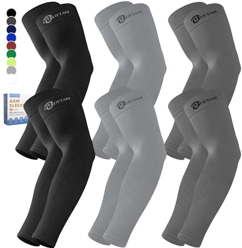 BHYTAKI 6 Pairs Arm Sleeves, Compression Arm Sleeves for Men Women,UPF50 UV Sun Protection Cooling Sleeves for Work Sport Tattoo Cover Up