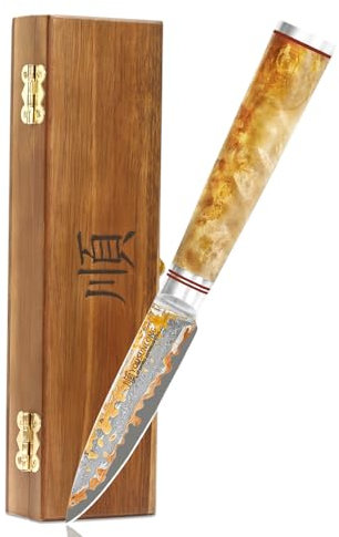 YOUSUNLONG Couteau d'office de cuisine 89mm - Lame en acier damassé au cuivre fait à la main au Japon Couteaux à fruits - Ultra tranchant Couteau à éplucher - Manche en bois de ronce naturelle