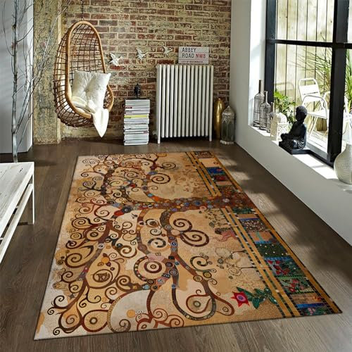 WEECHAINGE Vintage dünner Teppich Gustav Klimt Stil Baum des Lebens Teppich leicht für Küche Wohnzimmer Schlafzimmer Esszimmer rutschfest 120x160cm