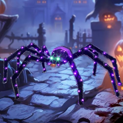 Halloween Decorations Outside Giant Spider - HOYECHI Outdoor Halloween Decor Lighted Spider 4.2FT, Light Up Spider with 90 LED Lights, Ground Stakes, for Front Yard Porch Gardens Lawns Party