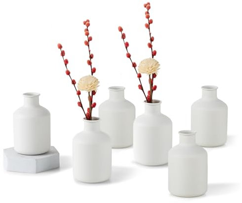 Sziqiqi Kleine Weiß Bud Vasen Set: Mini Vase für Kunstblumen 6 Pcs Nordic Metal Blumenvasen für Wohnzimmer Minimalist Little Flower Vasen für Tabelle Hochzeit