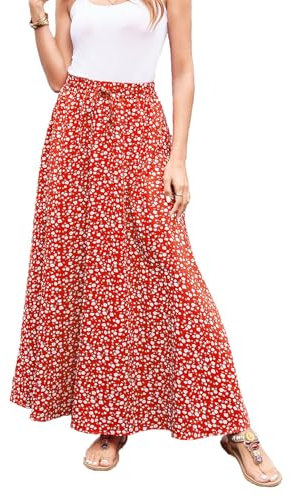 Hount Maxi Rock für Damen Plisseerock Polka Dots Rock Lang Hoher Taille Freizeit Sommerrock mit Blumen (S, F17)
