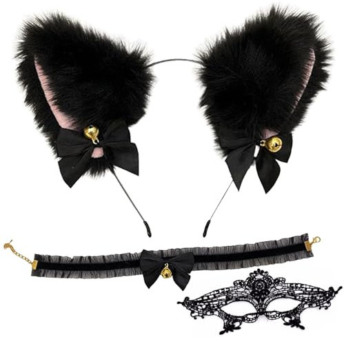 Melldrry 3 Stück Katzenohren Haarreif, Fuchsohren Stirnband Haarnadel, Anime Katze Cosplay, Niedlich Haarschmuck,Plüsch Haarreifen für Kinder Und Damen, Cat ears für Halloween Cosplay Schwarz
