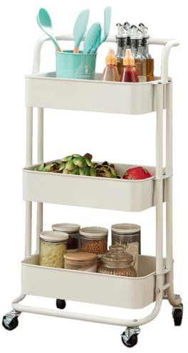 Direct Online Houseware 3-Tier Utility Cart Metal Rolling Trolley with Shelves White Organizer 90 x 40 x 35 cm
