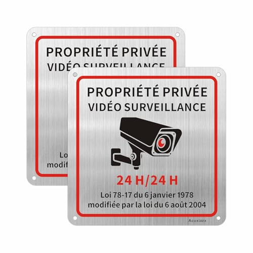 Acuxiaza 2 Pièces Panneau Propriété Privée sous Vidéo Surveillance, 15x15cm | Panneau Camera Surveillance, Aluminium Brossé, Adhesif, Panneaux D'avertissement, pour Intérieur/Extérieur