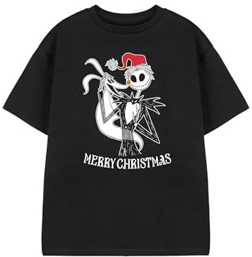 Disney The Nightmare Before Christmas Unisex Black Short Sleeve Graphic Tee | Jack Skellington Merry Christmas Film T-Shirt | Crew Neck Casual Wear Apparel for Adults | Holiday Greeting Top