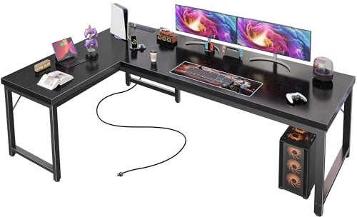 Huuger 63 Inch L Shaped Desk with Power Outlets and USB-C Port, Reversible Computer Desk, Larger Office Corner Gaming Desk, 0.95 Inch Thicker Desktop, Metal Frame, for Home Office, Study, Black
